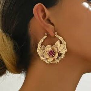 Gold plated Floral Hoop Earrings with Pink Accent